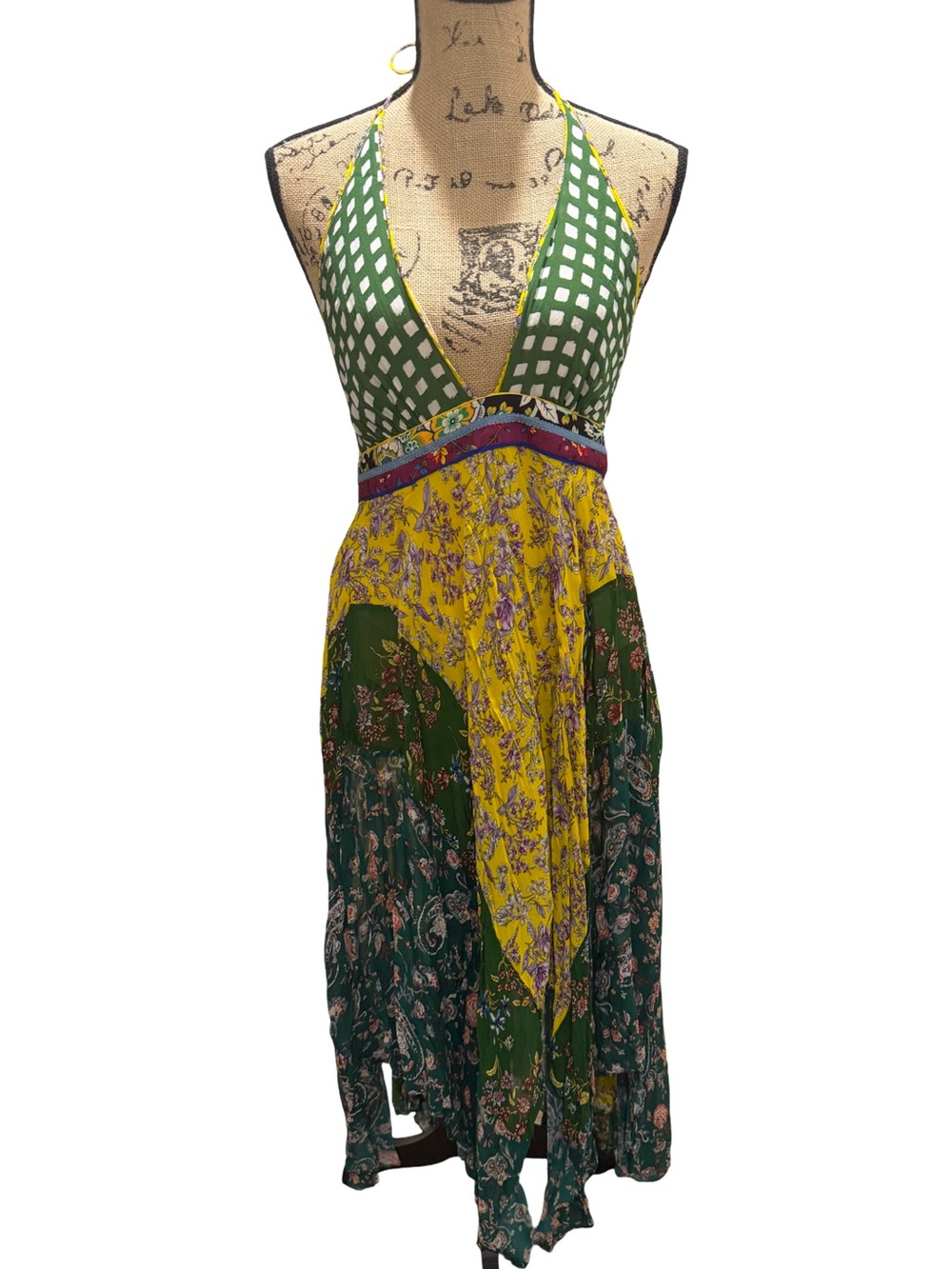 ZARA Asymmetrical Patchwork Green Boho Bloggers Favorite Halter Dress - Picture 6 of 8